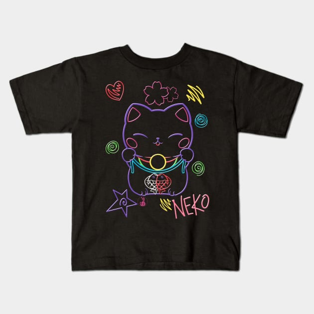 Neon Neko (1) - Cute neon light Japanese beckoning cats to bring you good luck Kids T-Shirt by SamInJapan